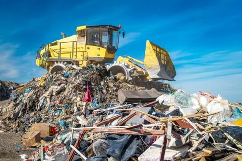 Compactor at a landfill processing municipal waste Foto stock