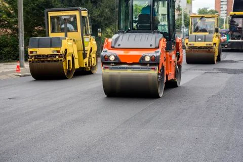 Compactor roller during road construction Stock Photos
