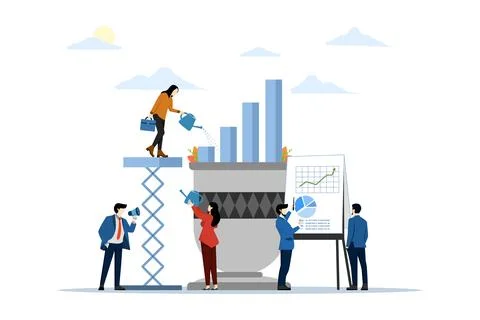 Companies engaged in joint column chart construction, career rise to success. Illustrazione stock