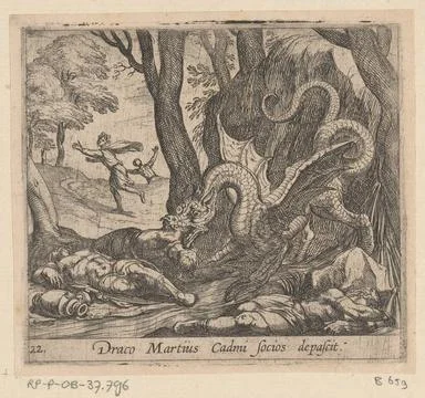 Companions of cadmus devoured by a dragon; Draco Martius Cadmi Socios Depa... Stock Photos