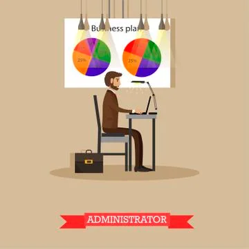Company administrator work with computer in office. Business plan and market Stock Illustration