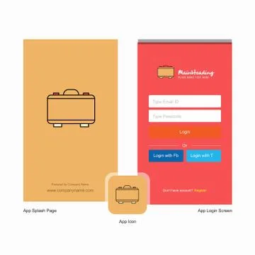 Company Briefcase Splash Screen and Login Page design with Logo template. Mob Illustration
