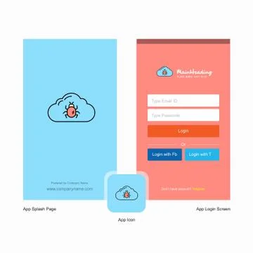 Company Bug on cloud  Splash Screen and Login Page design with Logo template. Illustrazione stock