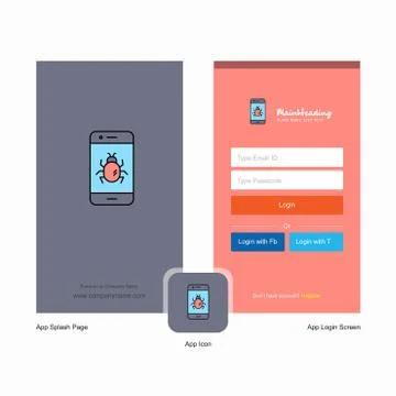 Company Bug on a smartphone  Splash Screen and Login Page design with Logo te 스톡 일러스트