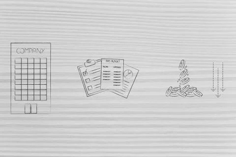 Company building next to stats documents with bad budget and coins with arrow Ilustración de archivo