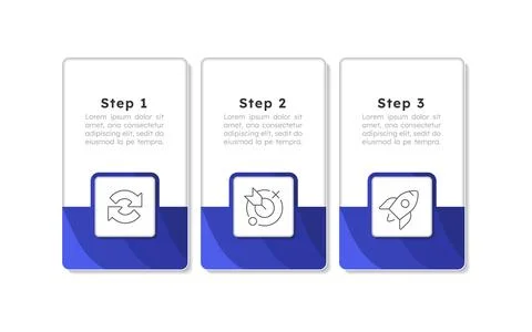 Company development rectangle blue horizontal infographic 3 steps Illustrazione stock