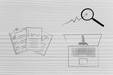 Company documents next to laptop screen with coins dropping and positive stat Stock Illustration