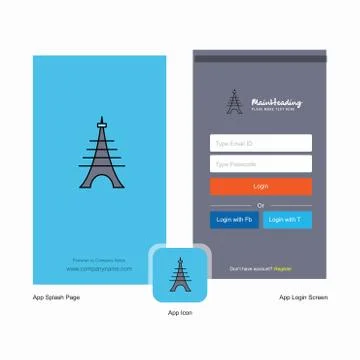 Company Eiffel tower Splash Screen and Login Page design with Logo template.  Stock Illustration