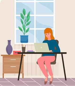 Company employee with computer at work in office. Woman is working with laptop 스톡 일러스트