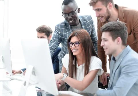 Company employees working in software development and designer office Stock Photos