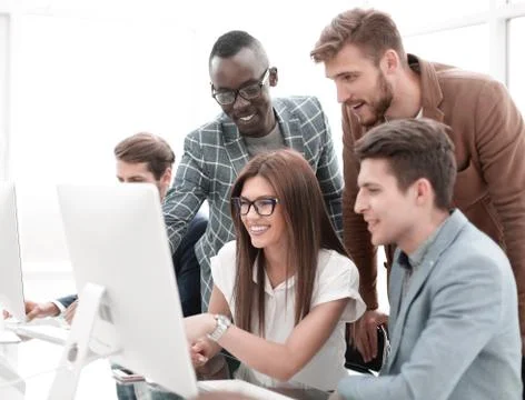 Company employees working in software development and designer office Stock Photos
