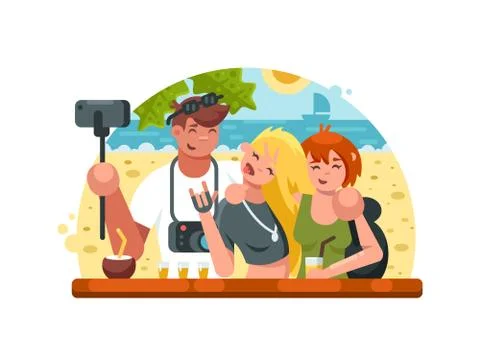 Company of friends making selfies Stock Illustration