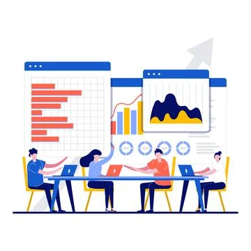 Company information analytics concept with character. Workers are sitting a.. Stock Illustration