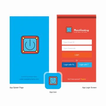 Company Power button Splash Screen and Login Page design with Logo template.  Ilustración de archivo