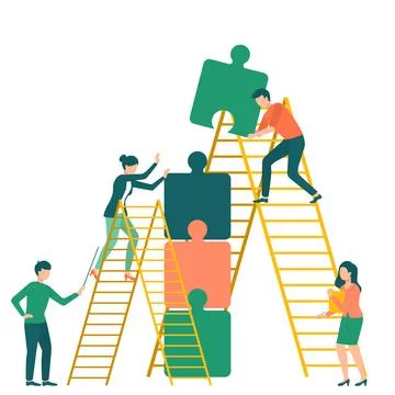 Company teamwork working together. Workers moving towards success using puzzles イラスト素材