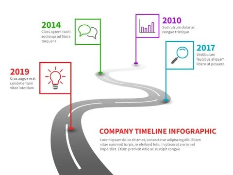 Company timeline. Milestone road with pointers, history process line chart on Stock Illustration