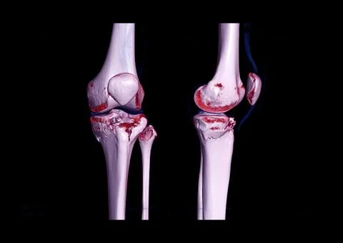 Compare AP and lateral view of CT knee joint 3D rendering image  showing frac Stock Illustration
