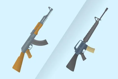 Compare between america m-16 vs ak-47 russia kalashnikov with modern blue bac Stock Illustration