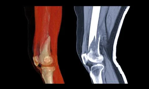 Compare of CT knee joint 3D rendering image lateral view and Sagittal view is Stock Illustration