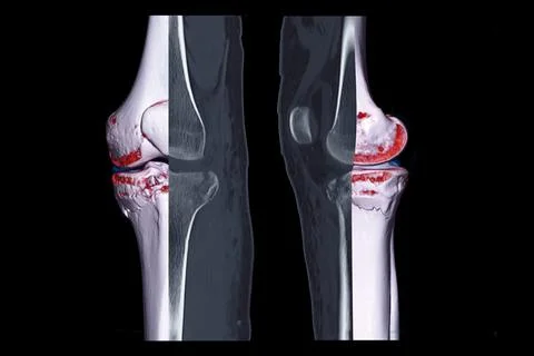 Compare of CT knee joint 3D rendering image and CT knee sagittal view and CT  Illustrazione stock