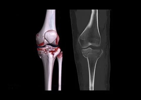 Compare of CT knee joint 3D rendering image  and CT knee 2D Coronal view isol Stock Illustration