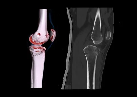 Compare of CT knee joint 3D rendering image lateral view and CT knee 2D Sagit Illustrazione stock