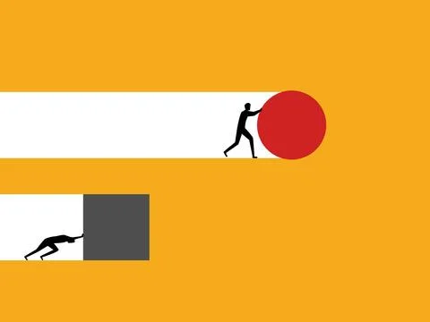 Compare easy and difficult strategies, businessman pushing round and square.. Stock Illustration