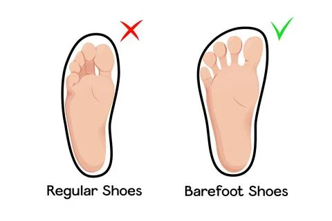 Compare feet in barefoot and regular shoes vector illustration. Stock Illustration