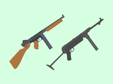 Compare vs versus between usa america thompson submachine gun vs mp-40 german Stock Illustration