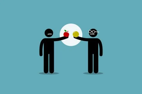 Comparing apple with orange. Vector artwork of two different man holding an a Stock Illustration