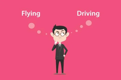 Comparing benefits between flying or driving illustration with a white bubble 스톡 일러스트