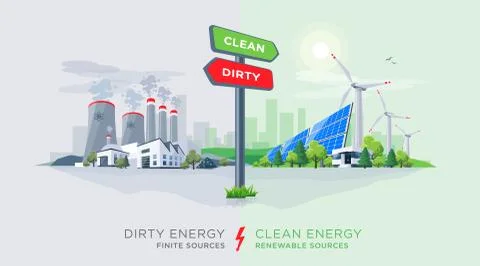 Comparing Clean Renewable and Dirty Polluting Energy with Directional Sign Stock Illustration