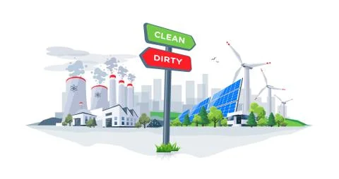 Comparing Clean Renewable and Dirty Polluting Energy Plants with Directional  Stock Illustration