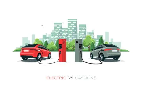 Comparing Electric Car Versus Gasoline Car with City Skyline Isolated on Whit Stock Illustration
