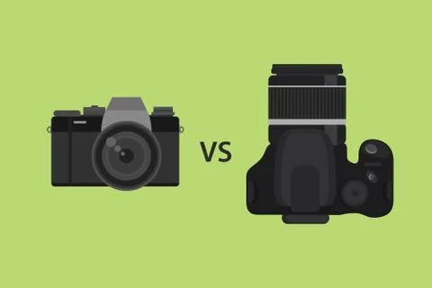 Comparing Mirrorless camera vs DSLR camera picture illustration with black color Stock Illustration