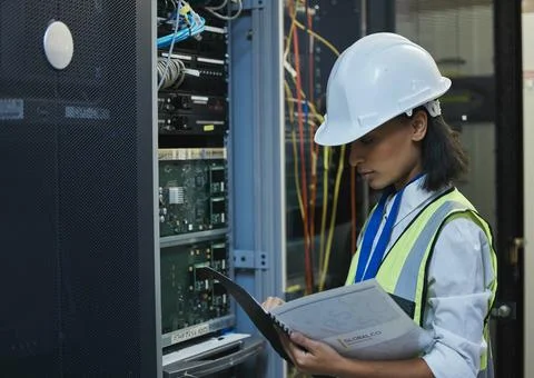 Comparing notes, taking names. a young woman working on cables in a server room. Stock Photos