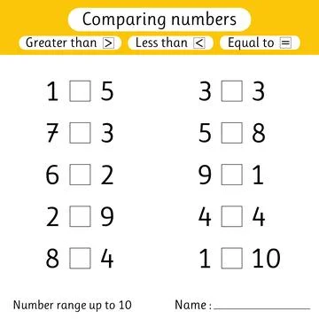 Comparing numbers. Less than, greater than, equal to. Number range up to 10.. Stock Illustration