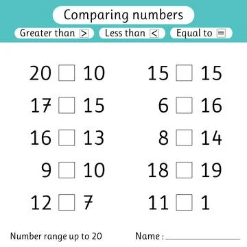 Comparing numbers. Less than, greater than, equal to. Number range up to 20.. Stock Illustration