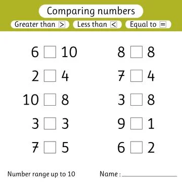 Comparing numbers. Less than, greater than, equal to. Number range up to 10.. Stock Illustration