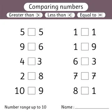 Comparing numbers. Less than, greater than, equal to. Number range up to 10.. Stock Illustration