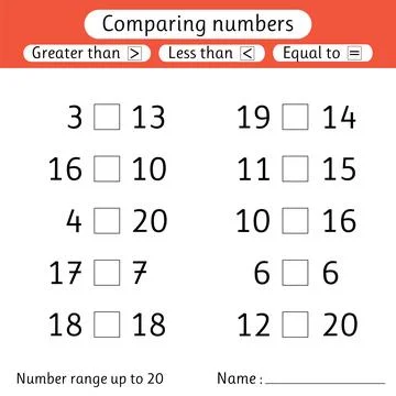 Comparing numbers. Less than, greater than, equal to. Number range up to 20.. Stock Illustration