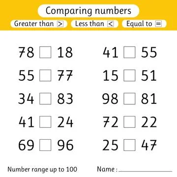 Comparing numbers. Less than, greater than, equal to. Number range up to 10.. Stock Illustration