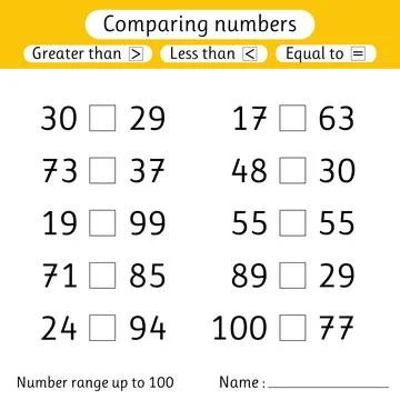 Comparing numbers. Less than, greater than, equal to. Number range up to 10.. Stock Illustration