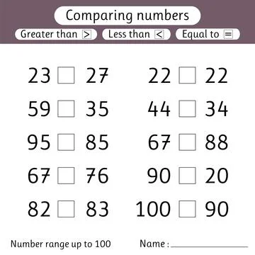 Comparing numbers. Less than, greater than, equal to. Number range up to 10.. Stock Illustration