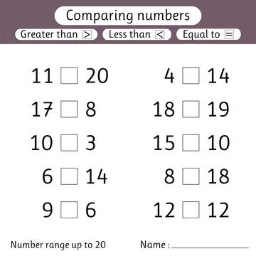 Comparing numbers. Less than, greater than, equal to. Number range up to 20.. Stock Illustration
