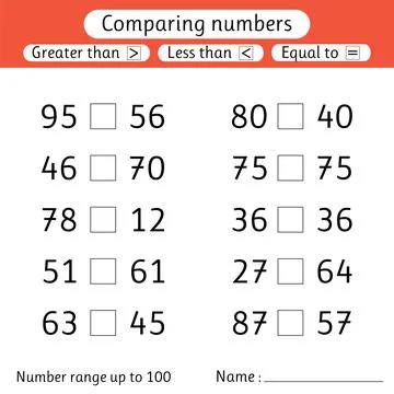 Comparing numbers. Less than, greater than, equal to. Number range up to 10.. Stock Illustration