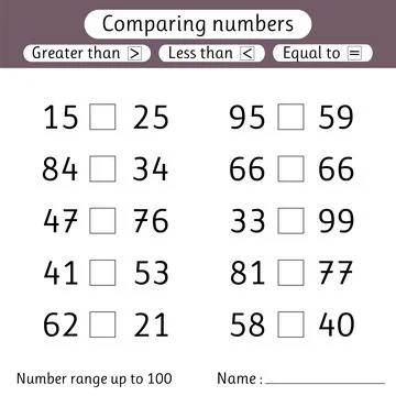 Comparing numbers. Less than, greater than, equal to. Number range up to 10.. Stock Illustration