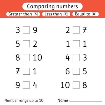 Comparing numbers. Less than, greater than, equal to. Worksheet for kids. N.. Stock Illustration