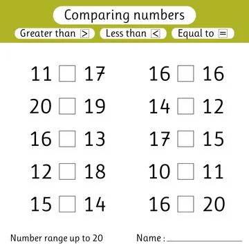 Comparing numbers. Less than, greater than, equal to. Worksheet for kids. N.. Stock Illustration