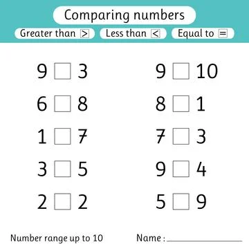 Comparing numbers. Less than, greater than, equal to. Worksheets for kids. .. Stock Illustration